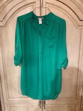 a'gaci Teal Split-Neck Roll-Sleeve Tunic